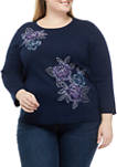 Plus Size 3/4 Sleeve Floral Embroidered Sweater