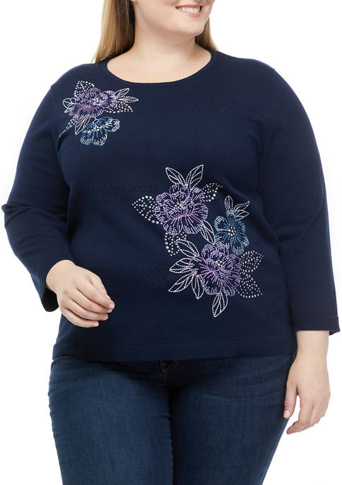 Plus Size 3/4 Sleeve Floral Embroidered Sweater