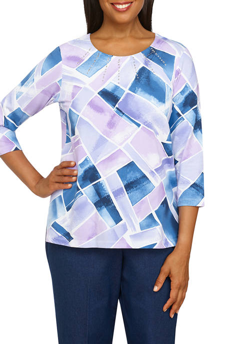 Alfred Dunner Petite Watercolor Patchwork Printed T Shirt