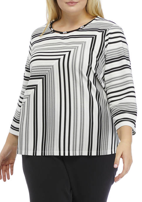 Alfred Dunner Plus Size 3/4 Sleeve Ottoman Stripe