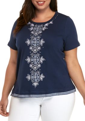 Alfred Dunner Plus Size In The Navy Gingham Center Applique Knit Top | belk