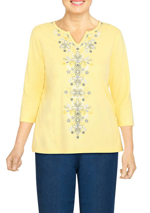 Alfred Dunner Womens Center Embroidered Knit Top