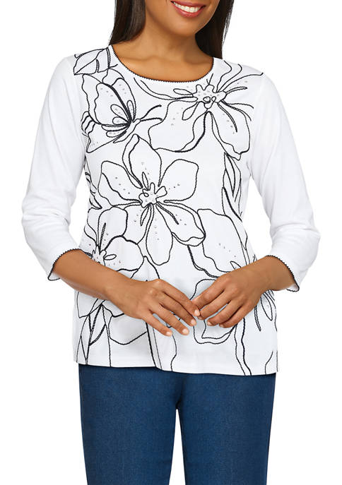 Alfred Dunner Womens Exploded Floral Embroidered Knit Top