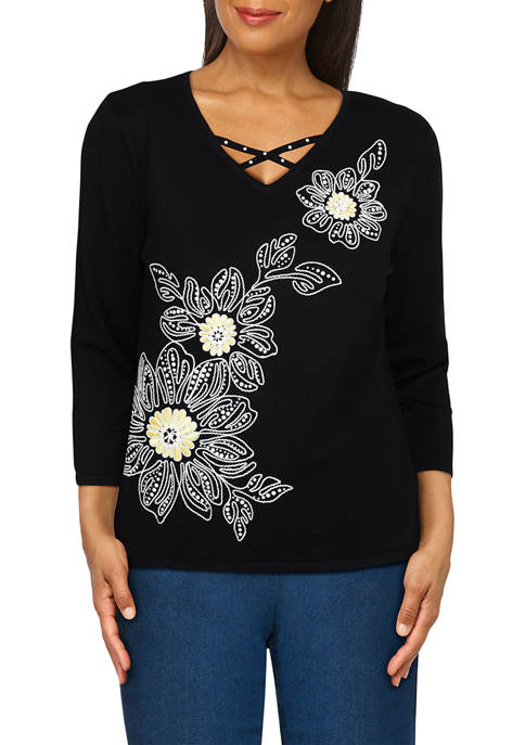 Alfred Dunner Womens Dramatic Floral Embroidered Sweater