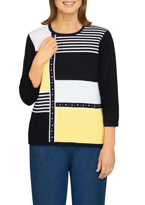 Alfred Dunner Womens Striped Color Block Sweater