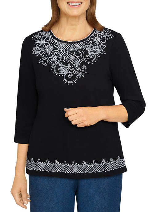 Alfred Dunner Petite Scroll Floral Yoke Knit Top