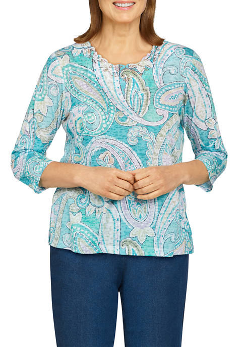 Alfred Dunner Womens Paisley Burnout Knit Top