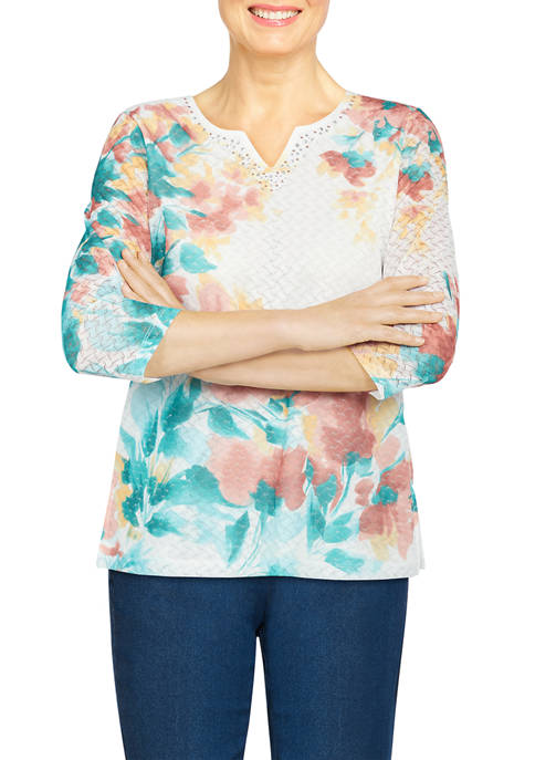 Alfred Dunner Womens Asymmetrical Floral Knit Top