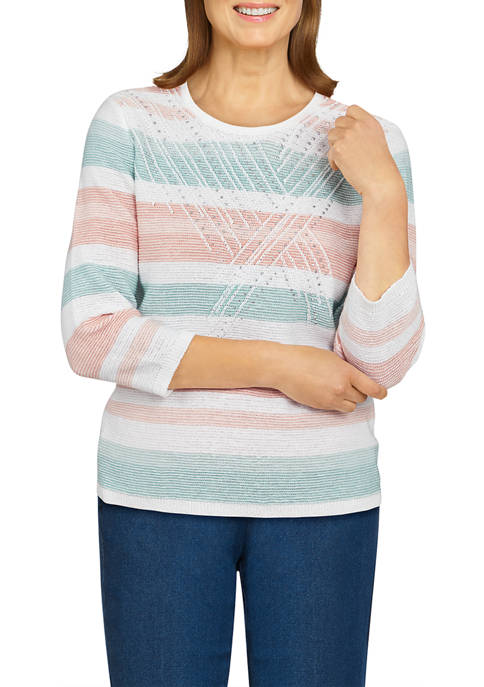 Alfred Dunner Womens Striped Textured Beaded Yoke Sweater