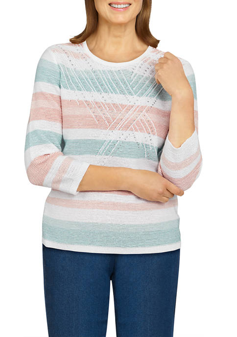 Alfred Dunner Petite Textured Striped Beaded Yoke Sweater