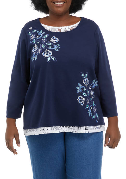 Alfred Dunner Plus Size Embroidered Lace Trimmed Top