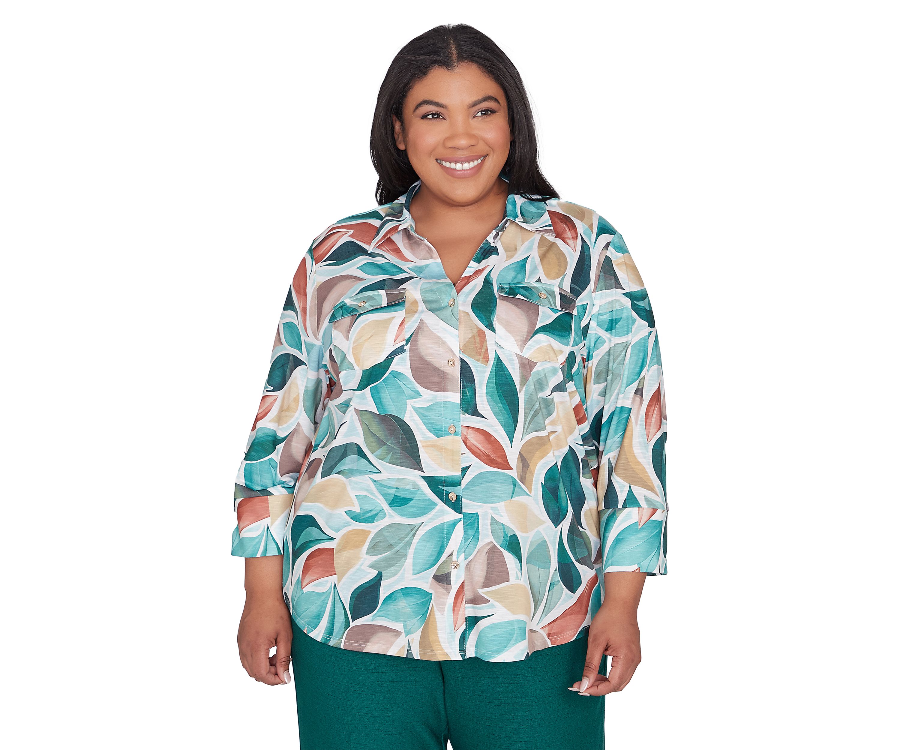 Plus Size Emerald Isle Abstract Leaf Printed Top