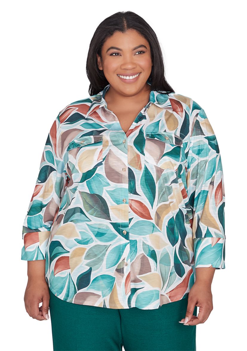 Plus Size Emerald Isle Abstract Leaf Printed Top