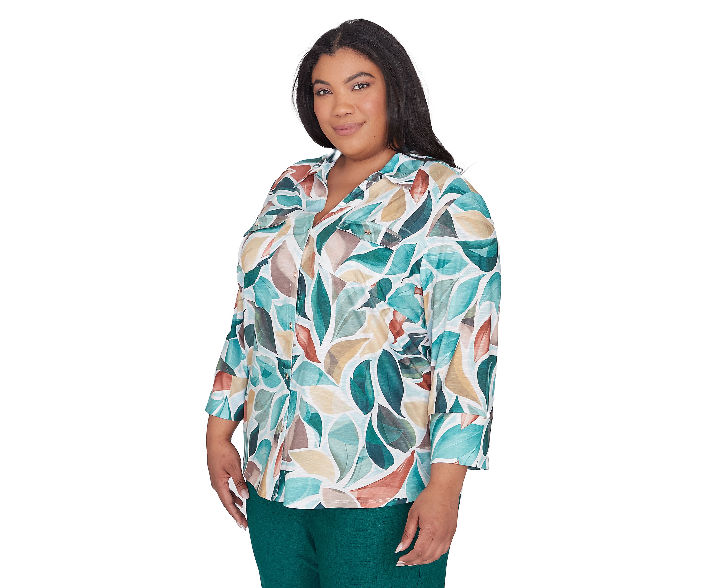 Plus Size Emerald Isle Abstract Leaf Printed Top