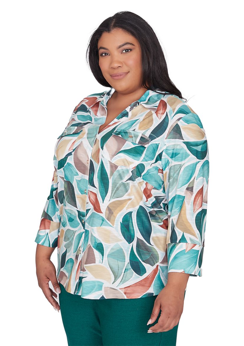 Plus Size Emerald Isle Abstract Leaf Printed Top