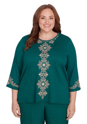 Alfred Dunner Women's Plus Size Emerald Isle Center Medallion Embroidery Printed Top