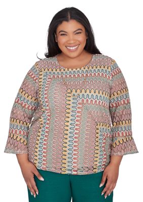 Alfred Dunner Women's Plus Size Emerald Isle Spliced Texture Printed Top