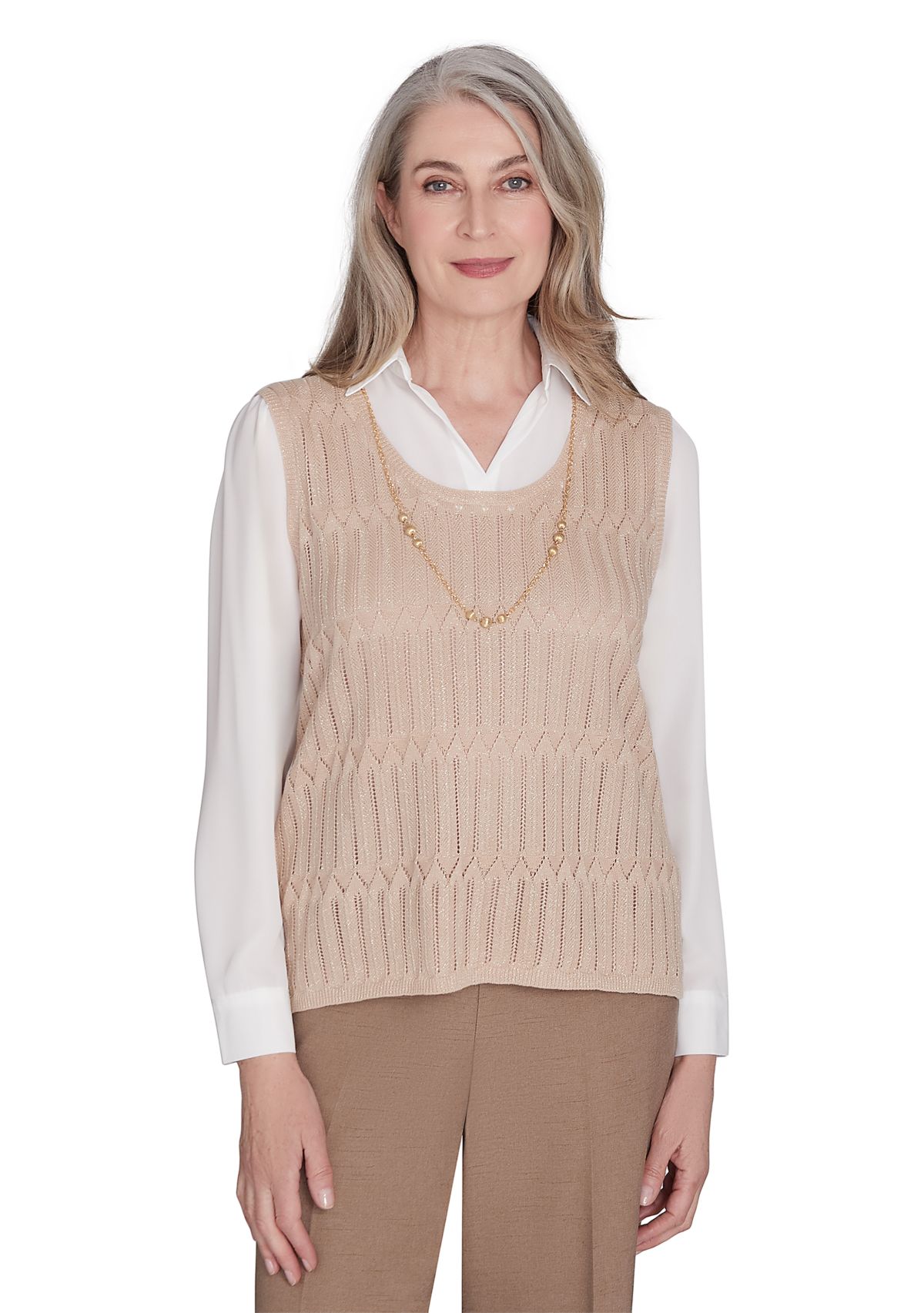 Petite Pointelle Texture Woven 2Fer Sweater
