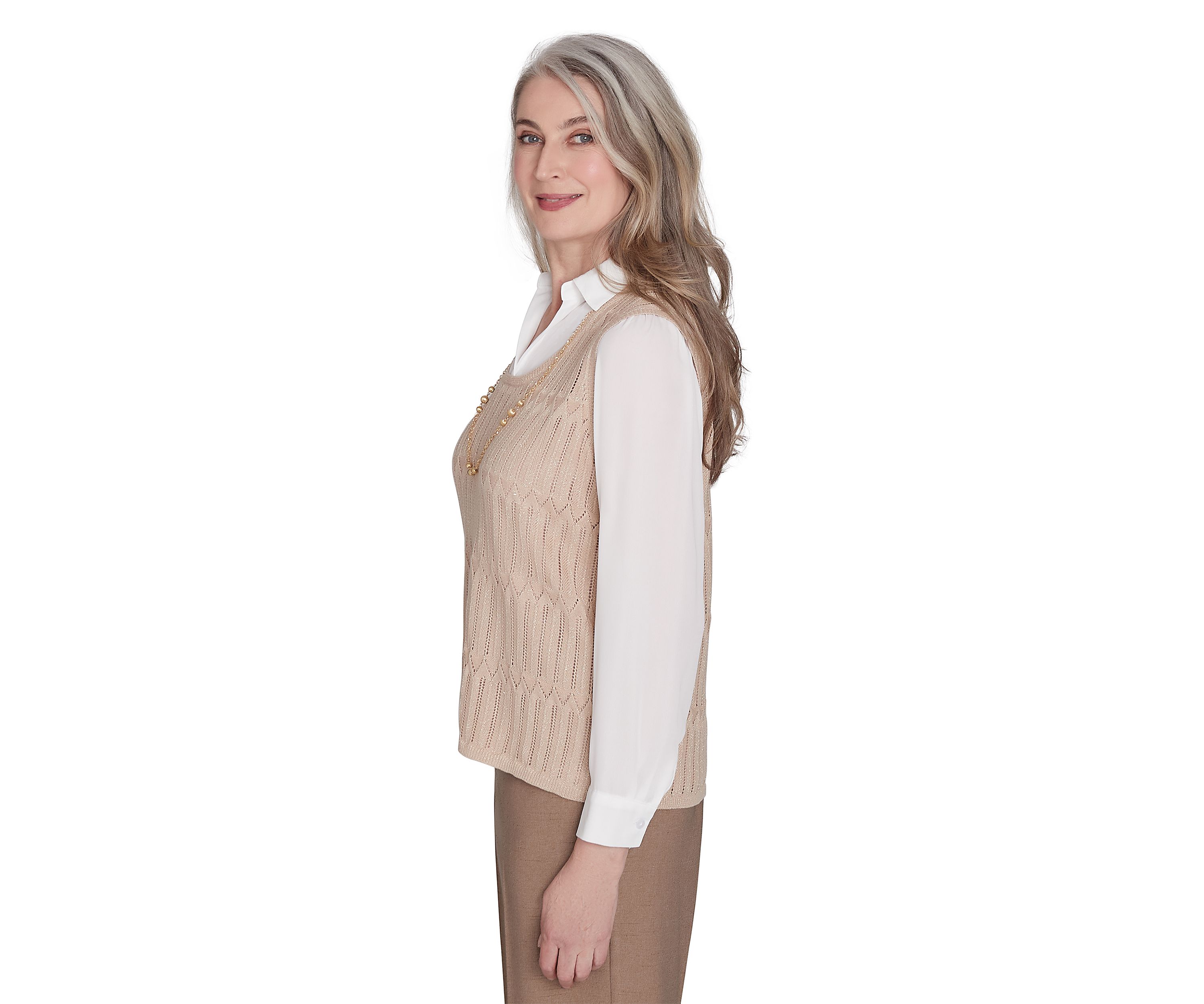 Petite Pointelle Texture Woven 2Fer Sweater