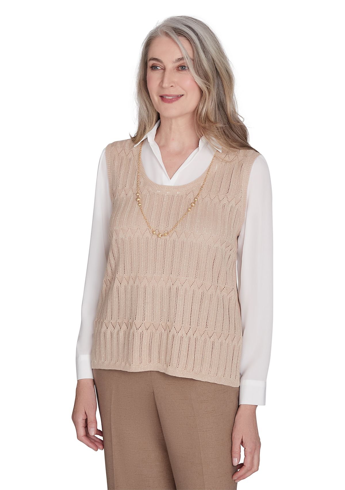 Petite Pointelle Texture Woven 2Fer Sweater