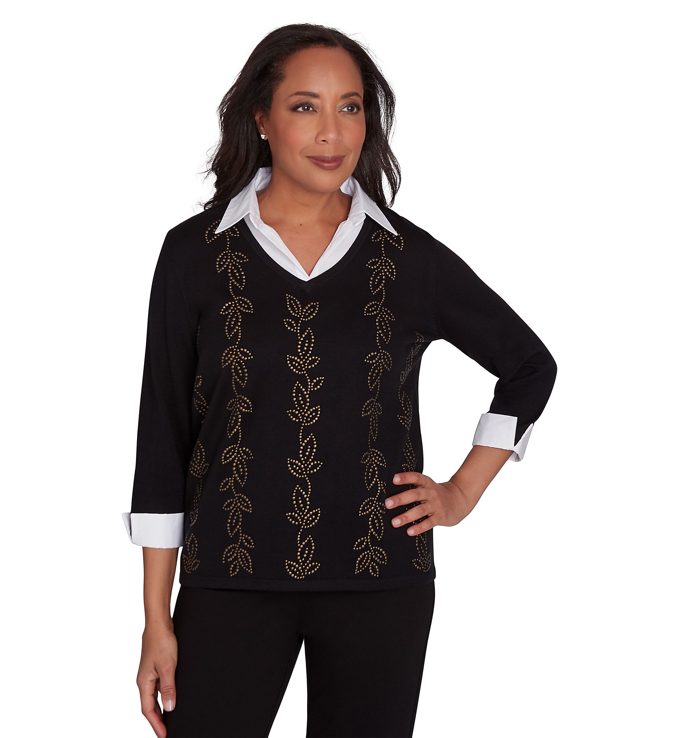 Womens Rue Rivoli Heat Set Leaf Woven Trim 2Fer Top
