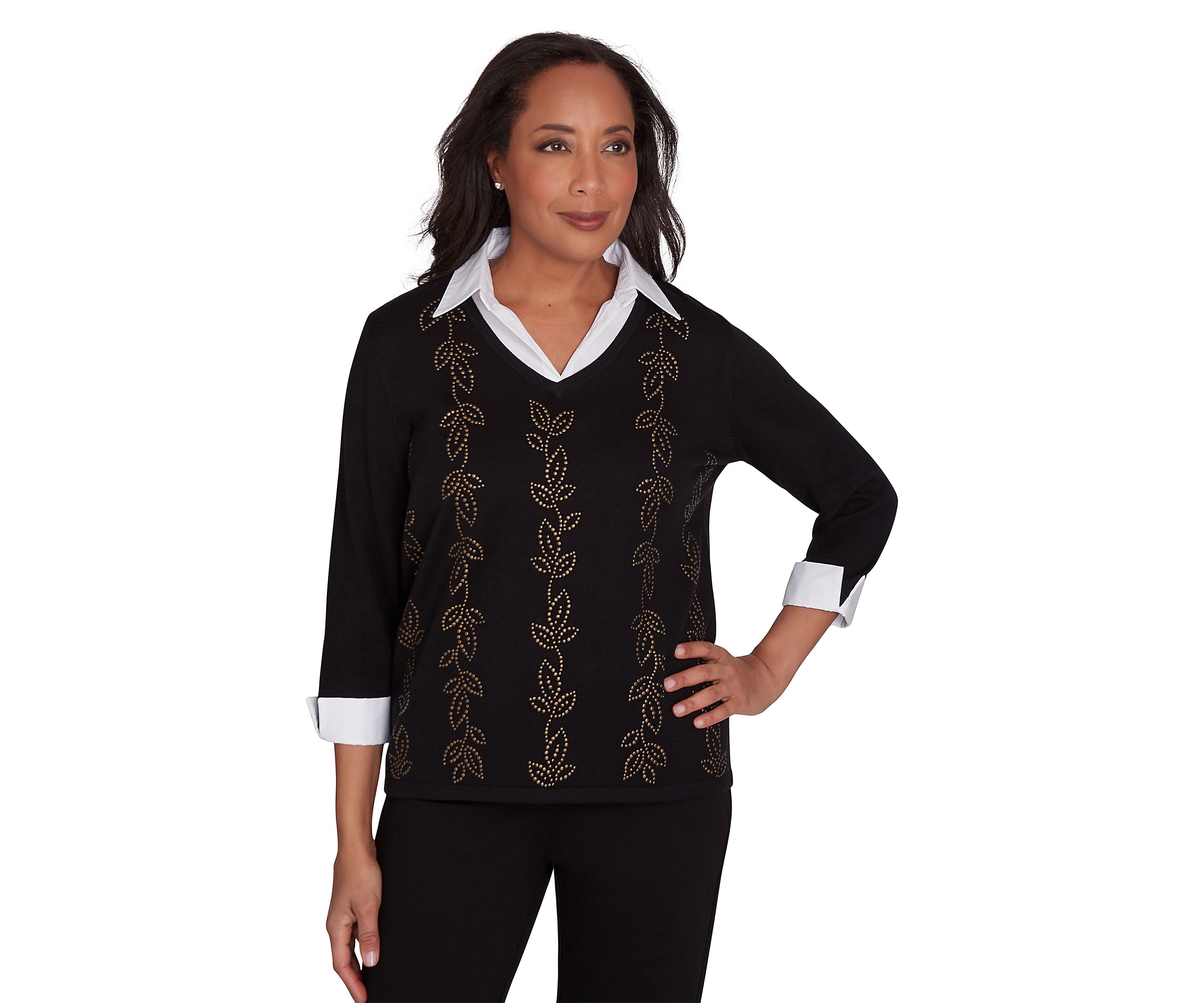 Womens Rue Rivoli Heat Set Leaf Woven Trim 2Fer Top