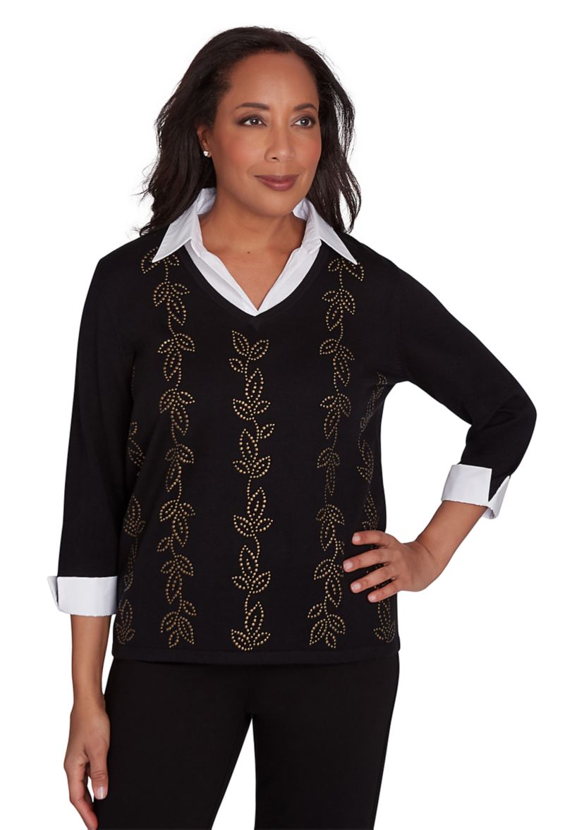 Womens Rue Rivoli Heat Set Leaf Woven Trim 2Fer Top