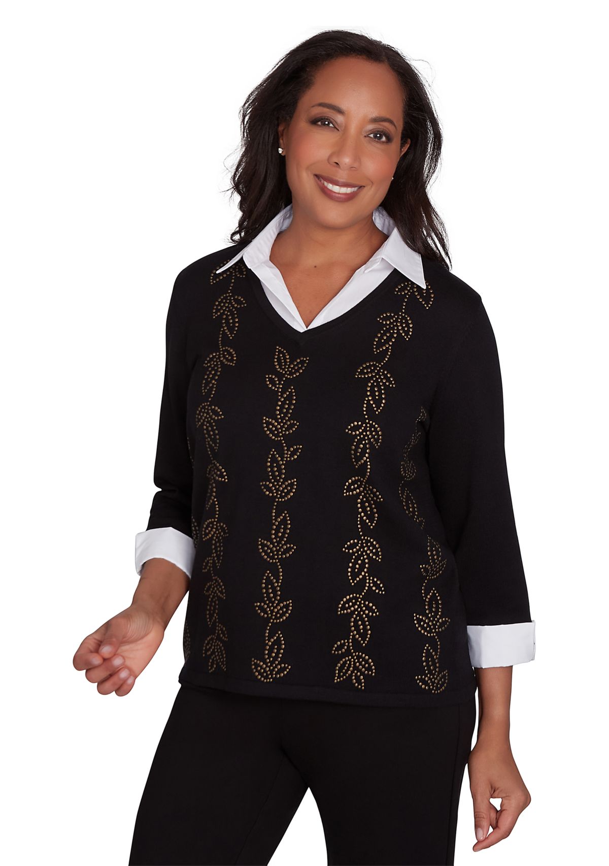 Womens Rue Rivoli Heat Set Leaf Woven Trim 2Fer Top