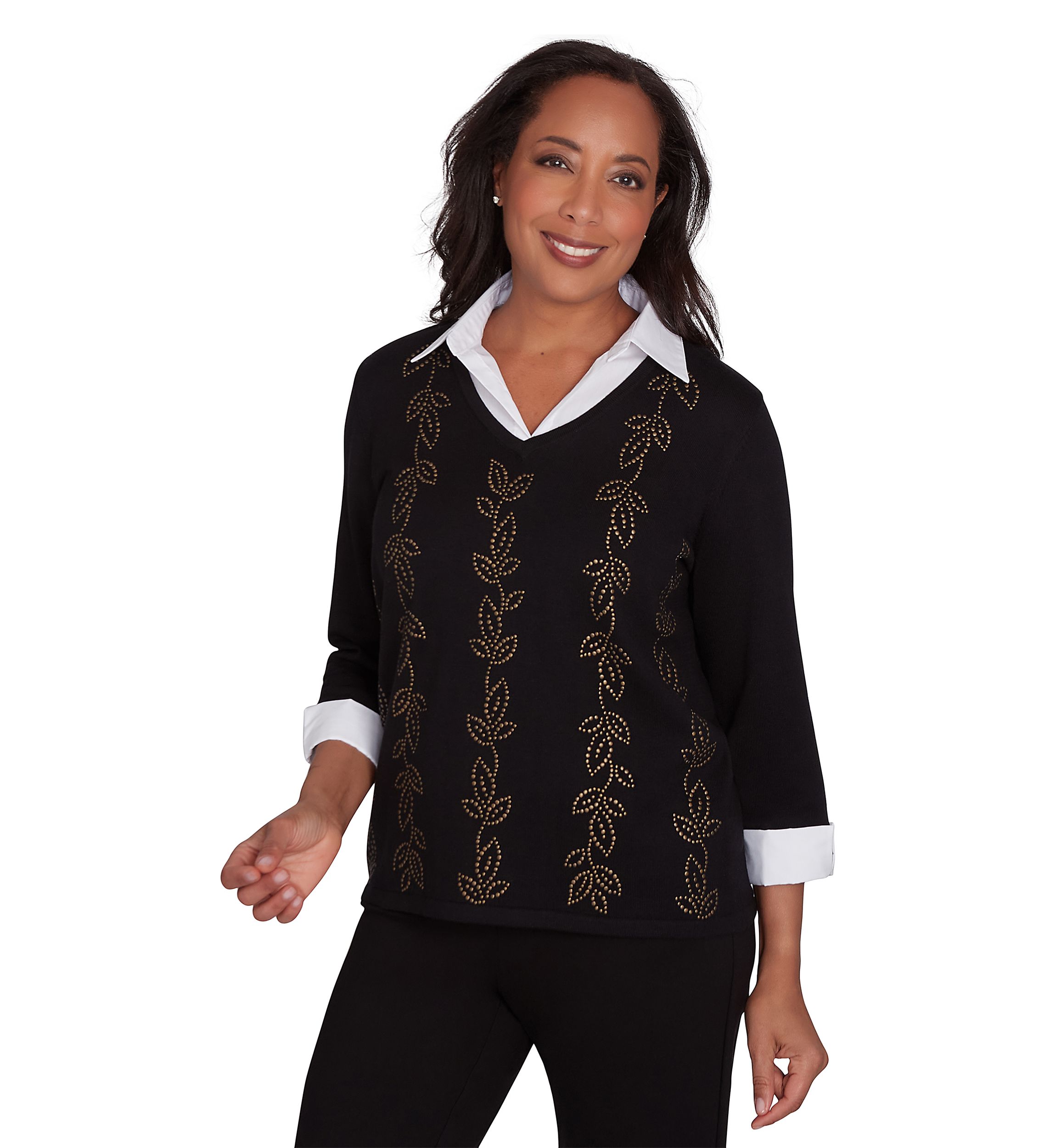 Womens Rue Rivoli Heat Set Leaf Woven Trim 2Fer Top