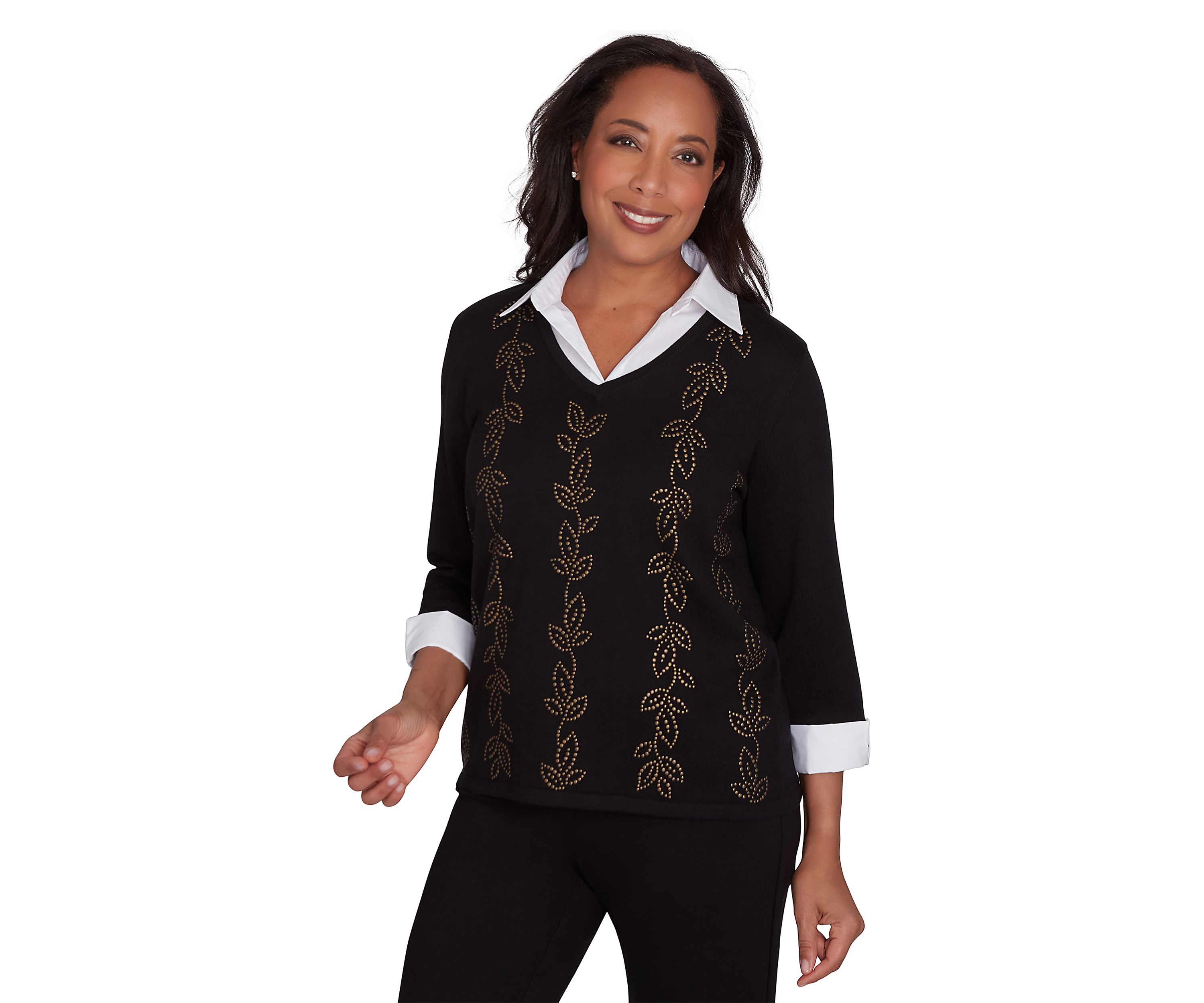 Womens Rue Rivoli Heat Set Leaf Woven Trim 2Fer Top