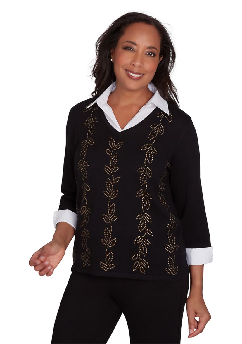 Womens Rue Rivoli Heat Set Leaf Woven Trim 2Fer Top