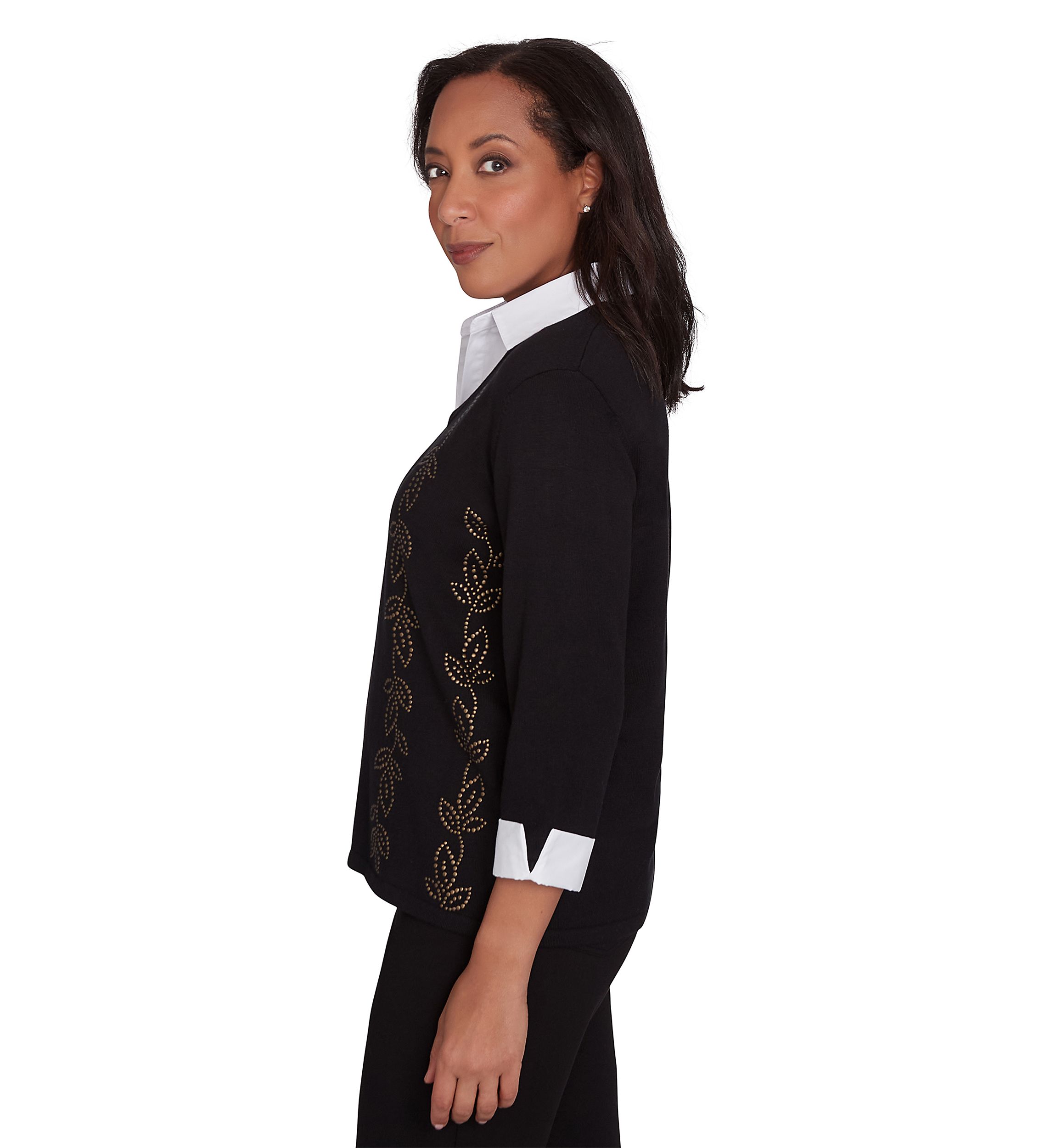 Womens Rue Rivoli Heat Set Leaf Woven Trim 2Fer Top
