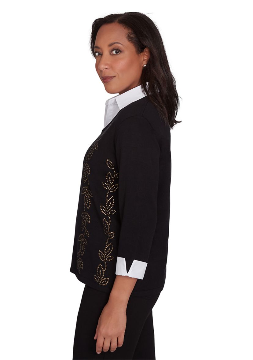 Womens Rue Rivoli Heat Set Leaf Woven Trim 2Fer Top