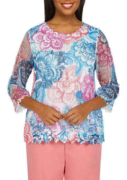 Alfred Dunner Womens 3/4 Sleeve Batik Floral Top