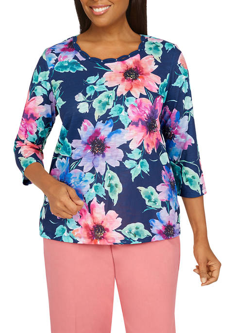 Alfred Dunner Womens 3/4 Sleeve Watercolor Floral Knit