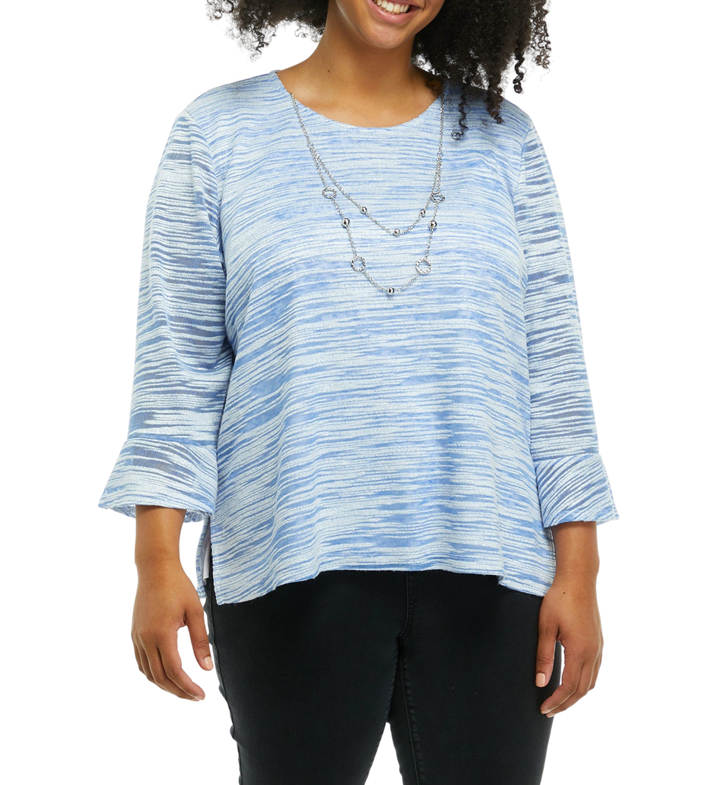 Plus Size 3/4 Sleeve Textured Top with Necklace