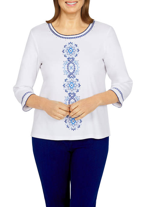 Alfred Dunner Petite Tonal Embroidered Knit Top