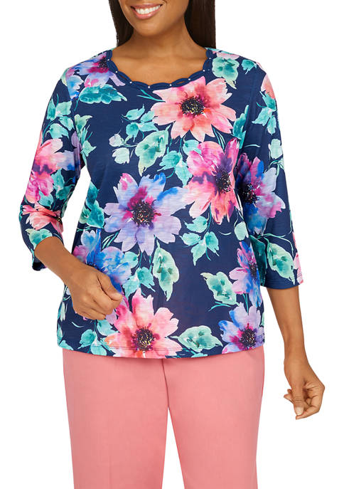 Alfred Dunner Petite 3/4 Sleeve Watercolor Floral Knit