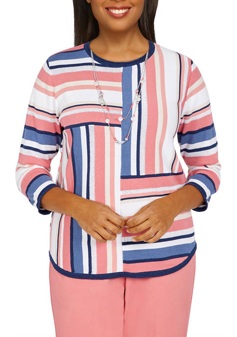 Alfred Dunner Petite 3/4 Sleeve Color Block Striped