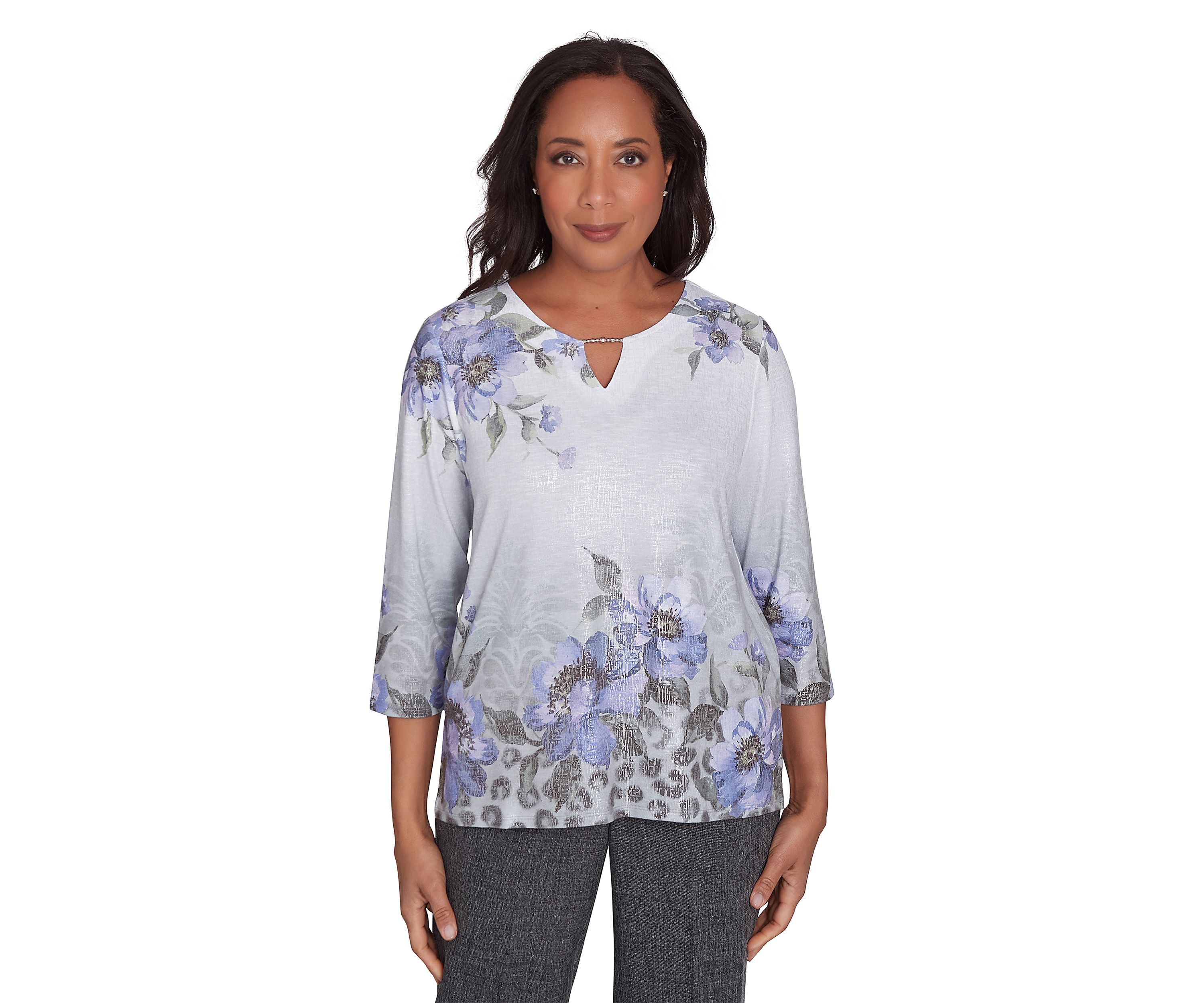 Womens Worth Avenue Asymmetrical Floral Shimmer Top