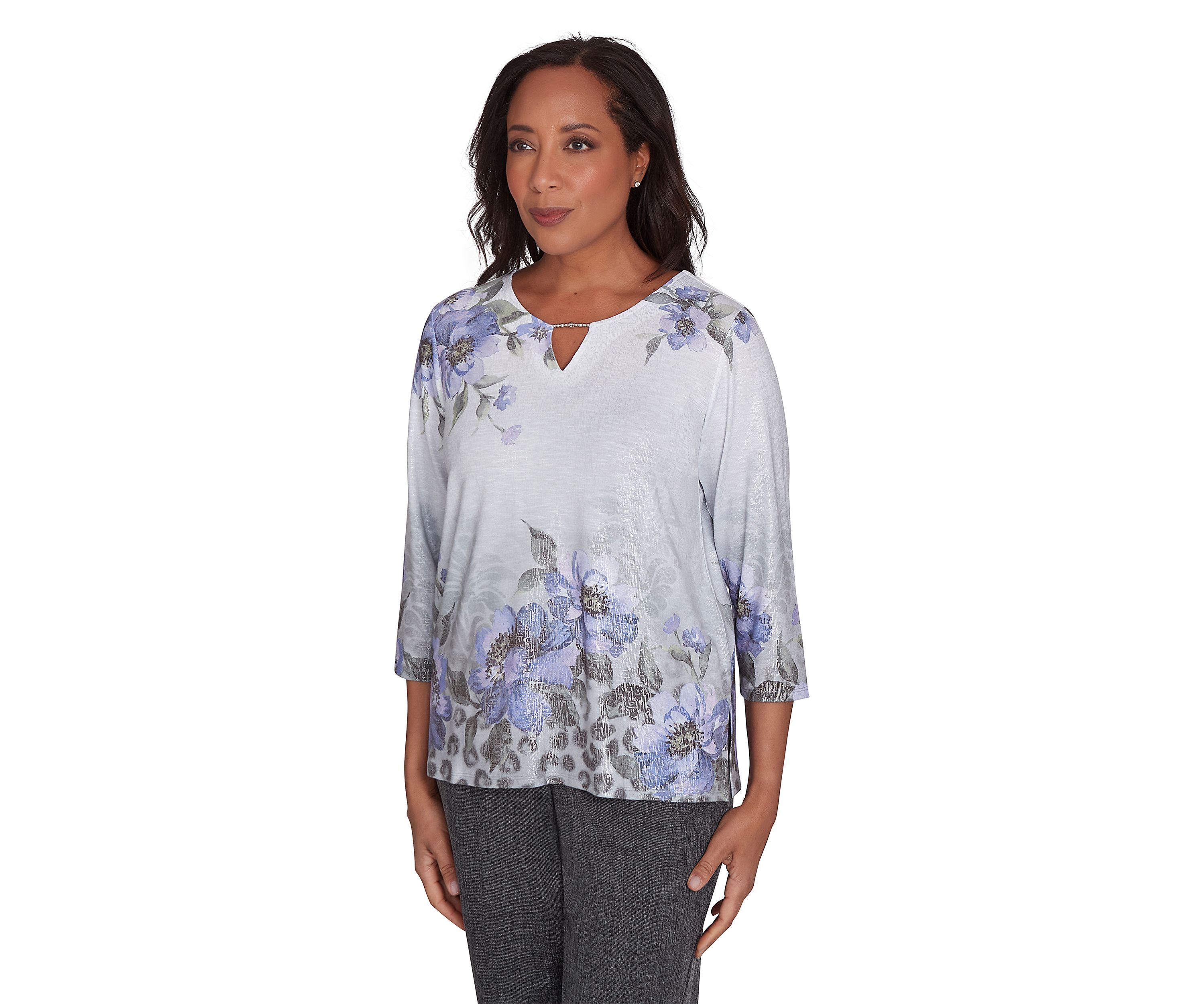 Womens Worth Avenue Asymmetrical Floral Shimmer Top