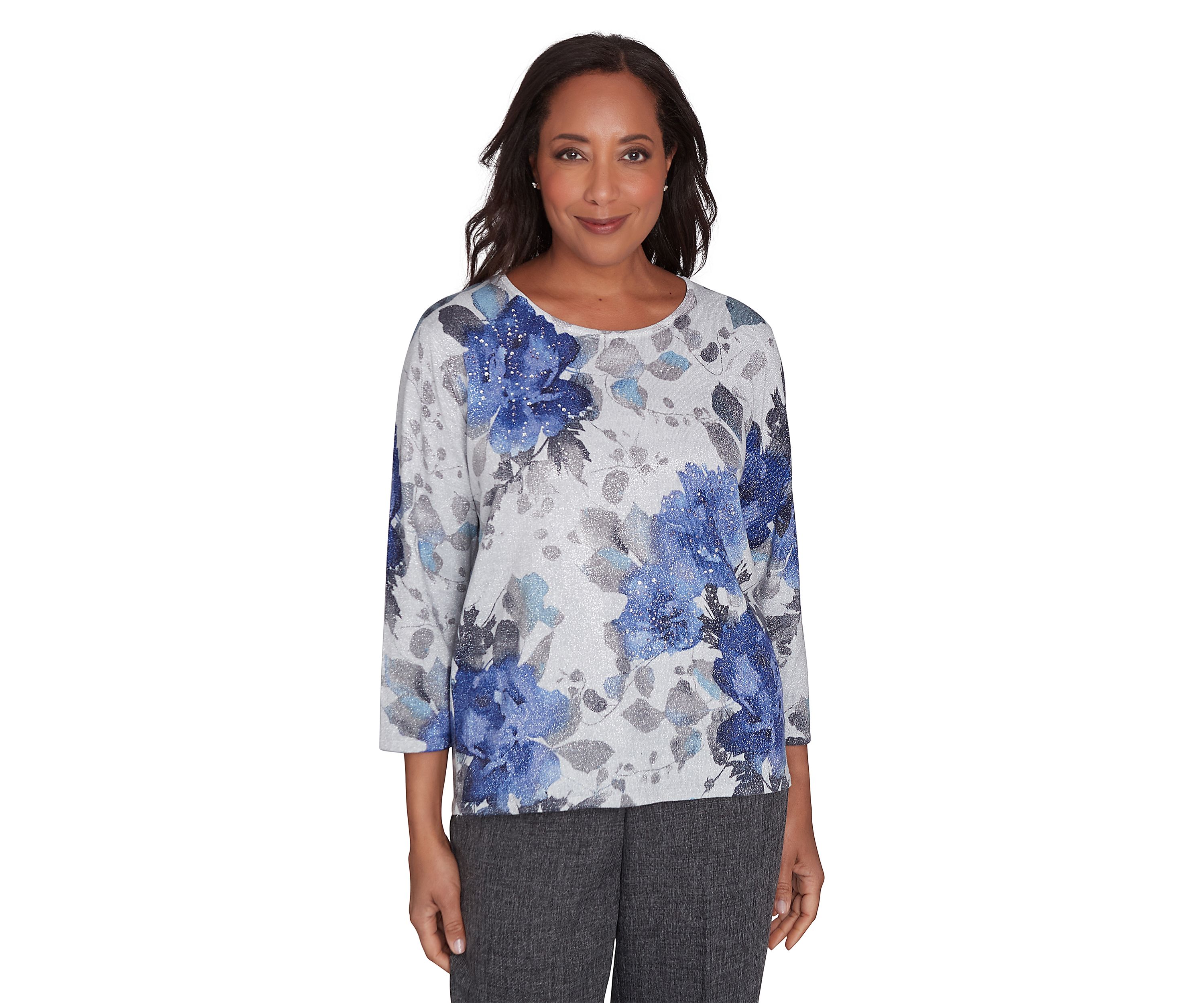 Womens Worth Avenue Watercolor Shimmer Floral Printed Top