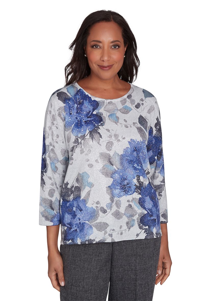 Womens Worth Avenue Watercolor Shimmer Floral Printed Top