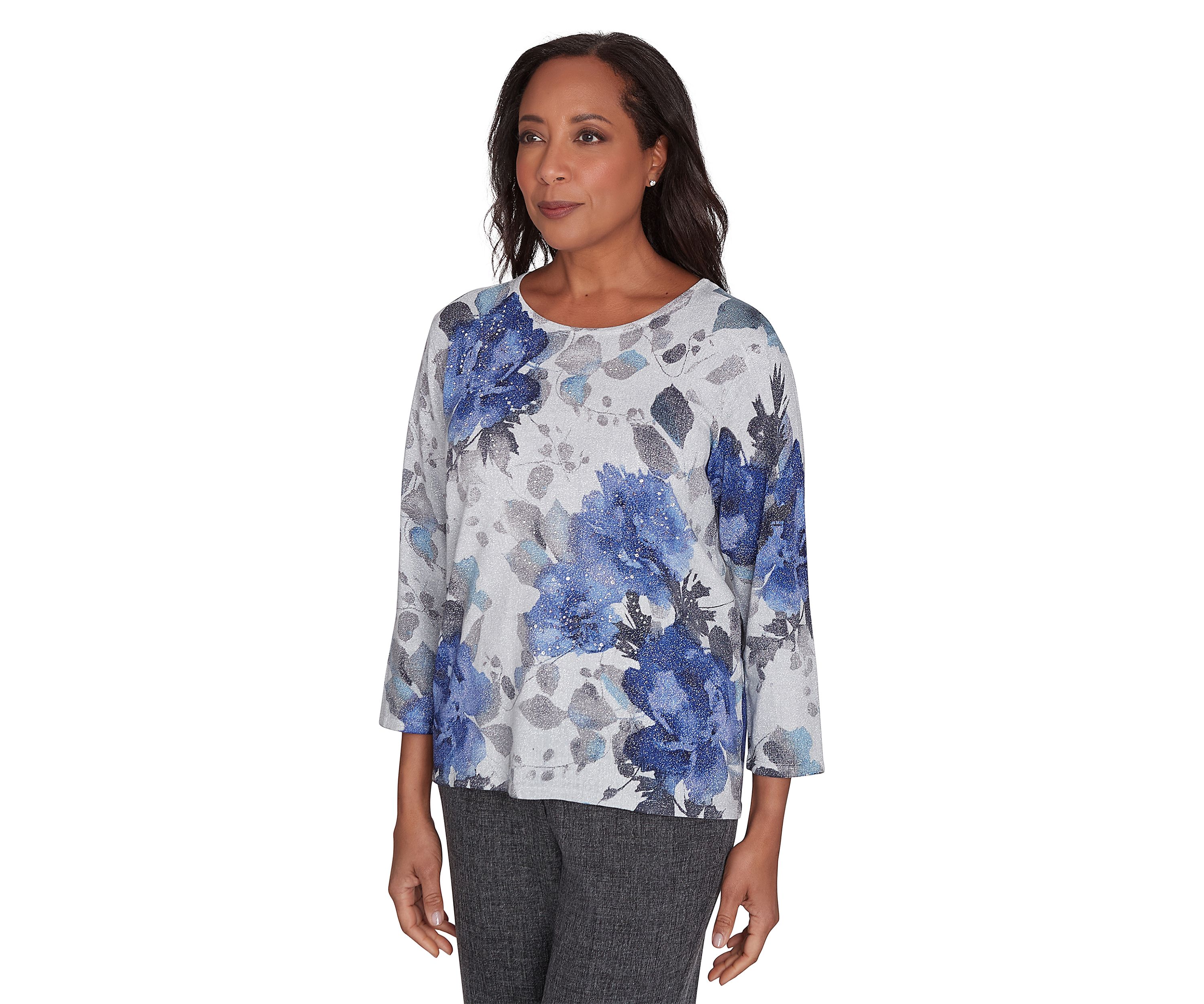 Womens Worth Avenue Watercolor Shimmer Floral Printed Top
