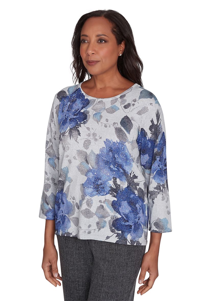 Womens Worth Avenue Watercolor Shimmer Floral Printed Top