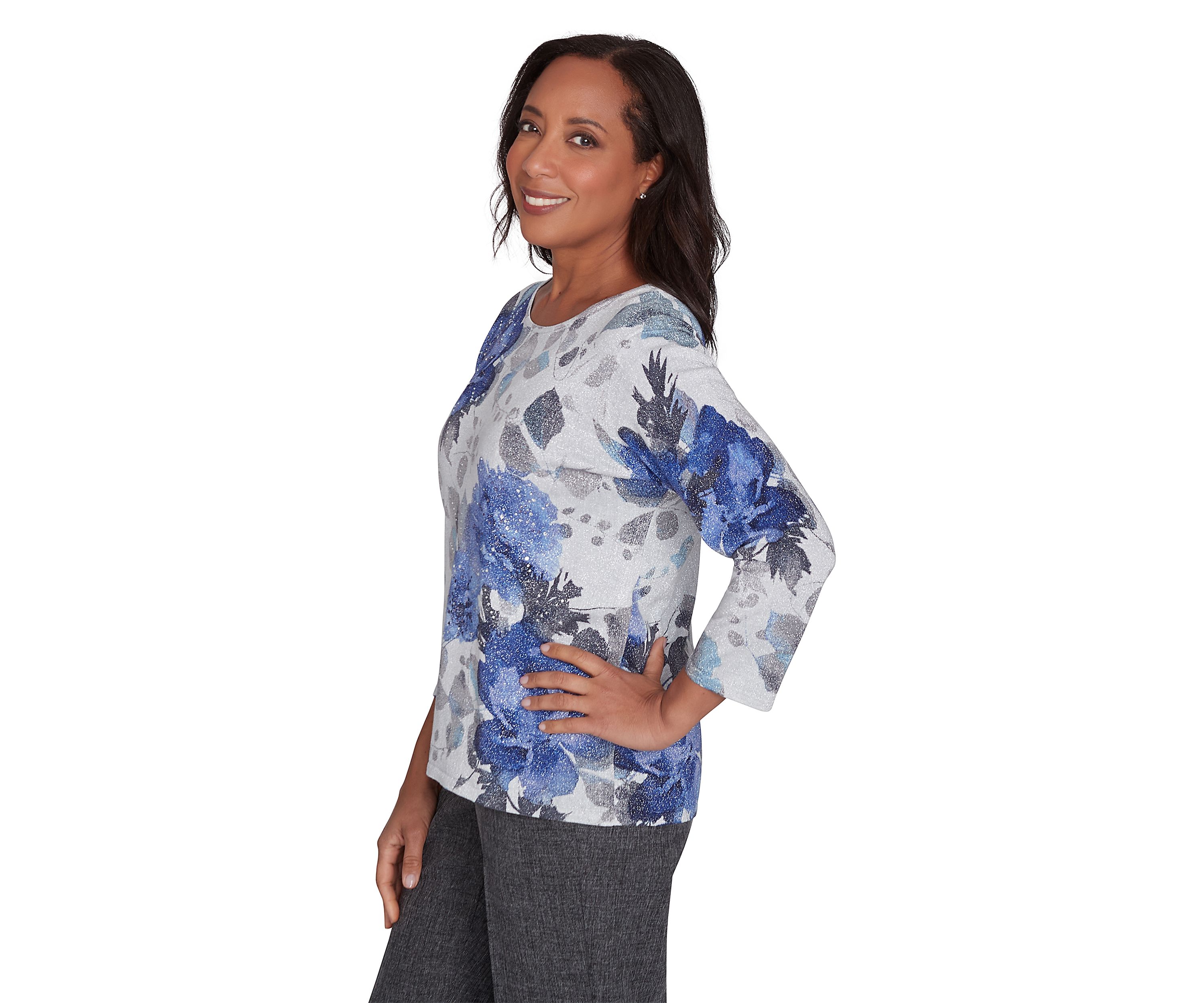 Womens Worth Avenue Watercolor Shimmer Floral Printed Top