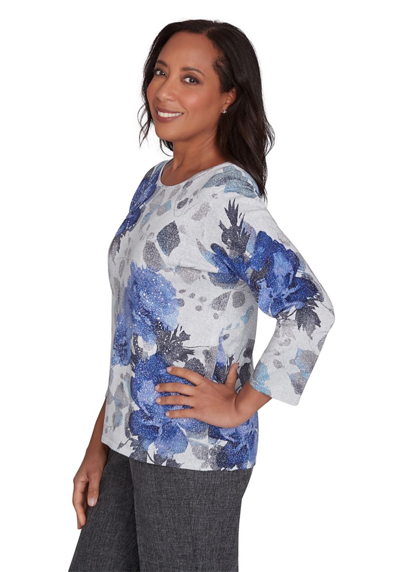 Womens Worth Avenue Watercolor Shimmer Floral Printed Top