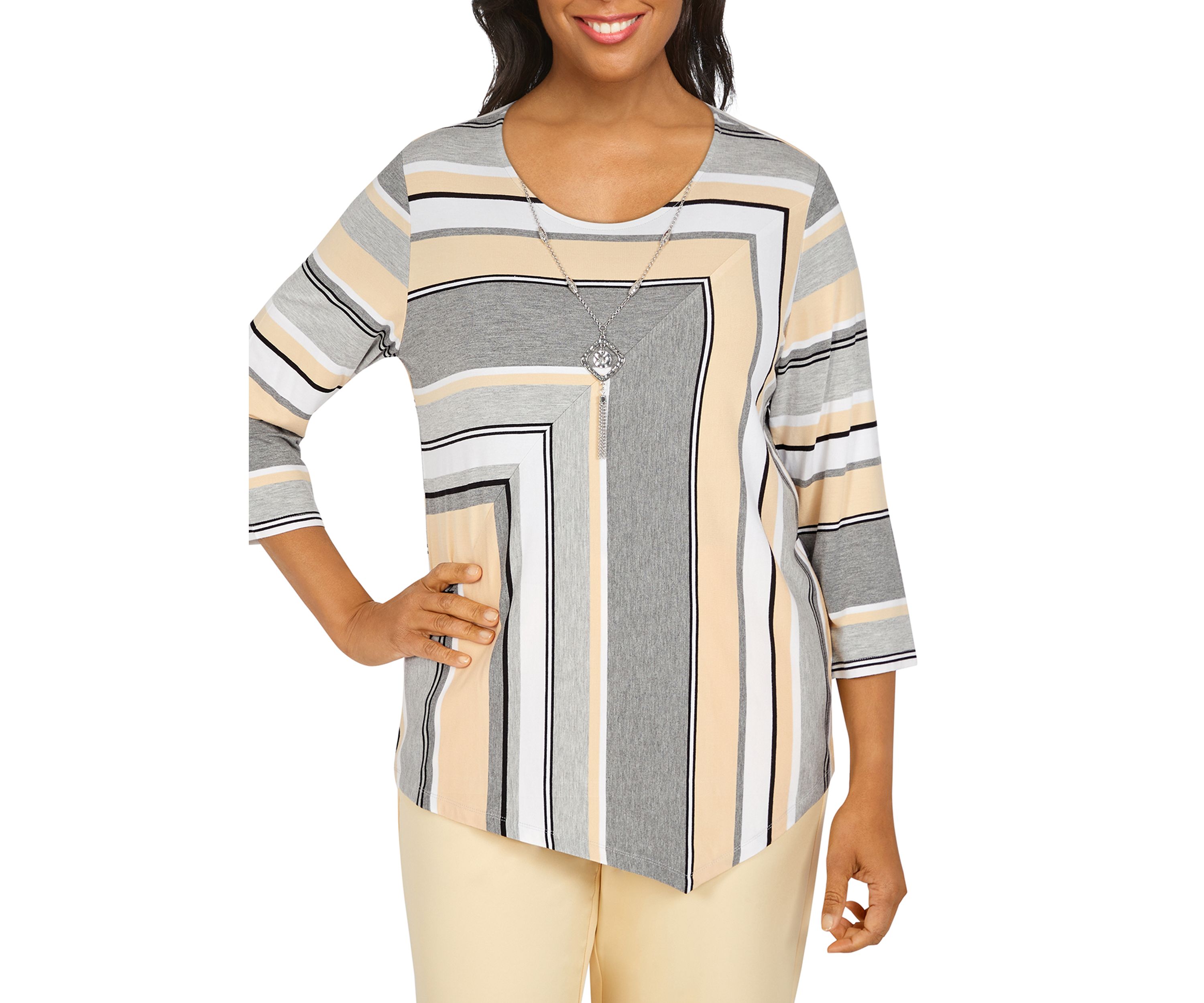 Petite 3/4 Sleeve Spliced Stripe Top