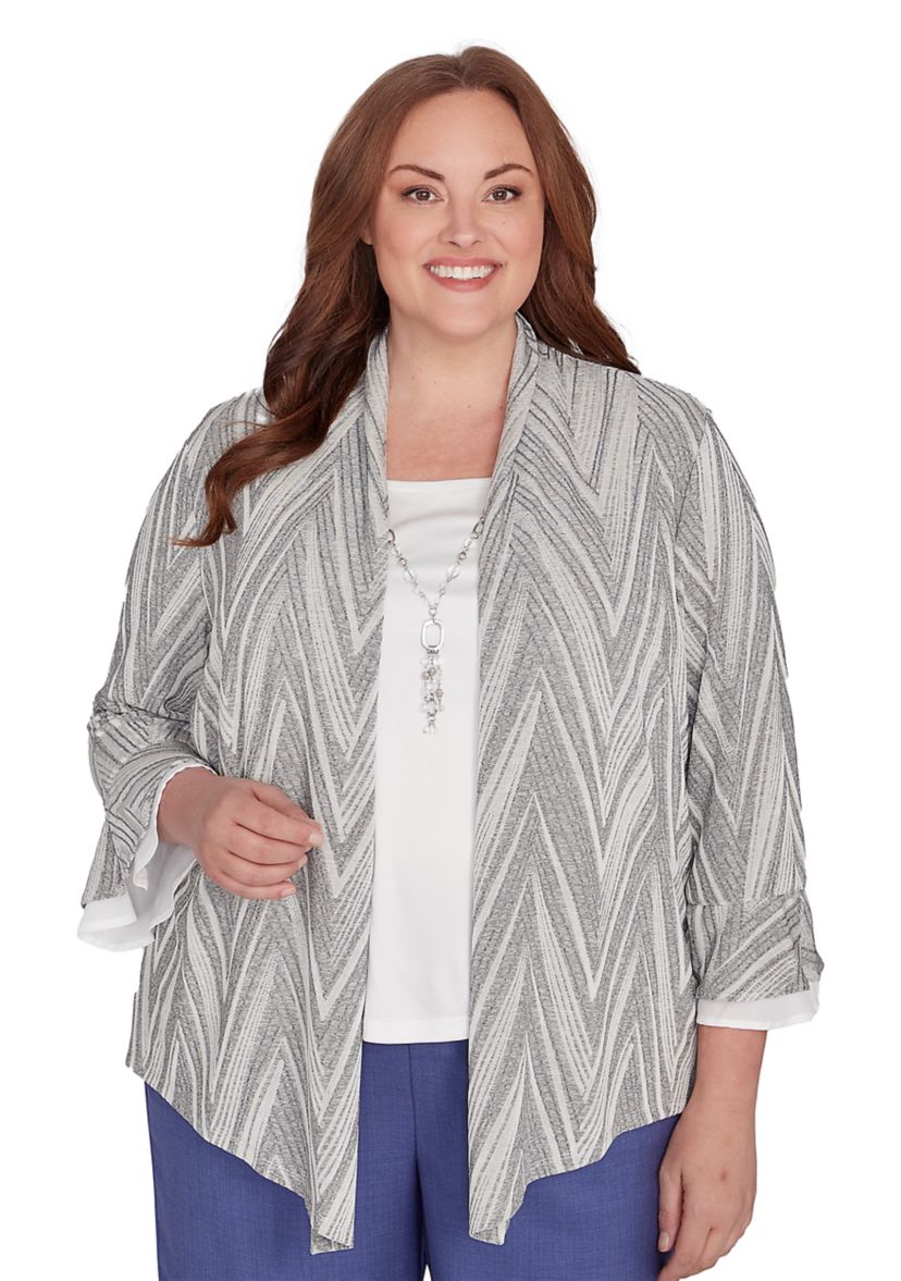 Plus Size Worth Avenue Chevron Two In One Top with Flutter Sleeves