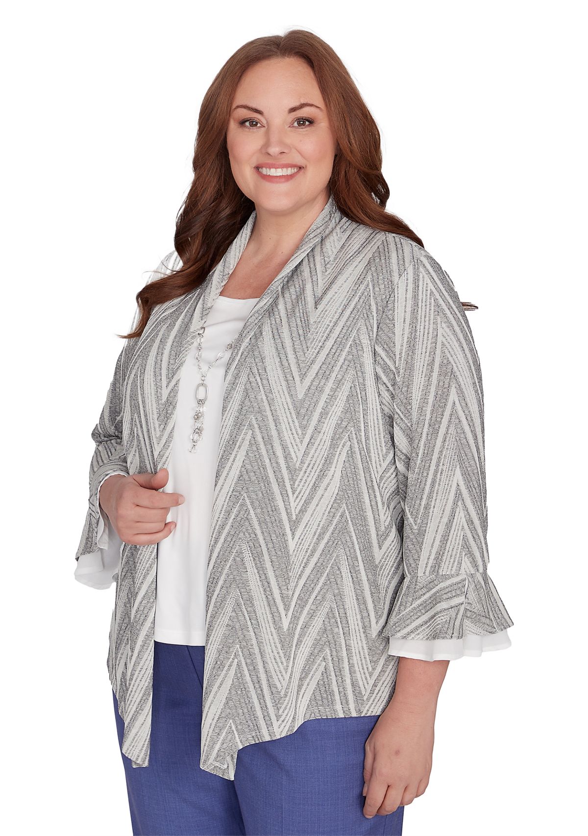 Plus Size Worth Avenue Chevron Two In One Top with Flutter Sleeves